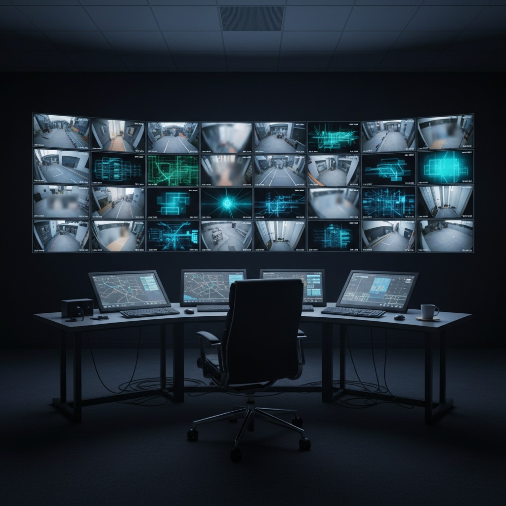 gere uma sala de videomonitoramento de imagens pode ser sem nenhuma pessoa e apenas com uma cadeira